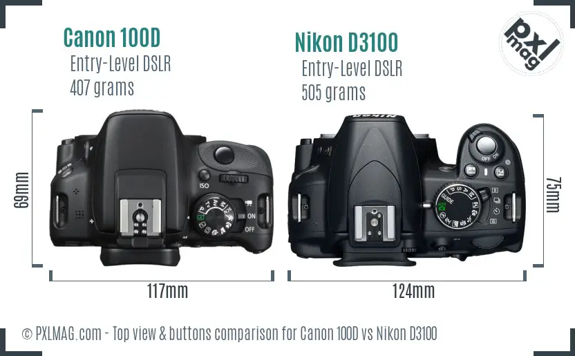 Canon 100D vs Nikon D3100 top view buttons comparison