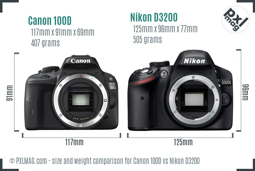 Canon 100D vs Nikon D3200 size comparison