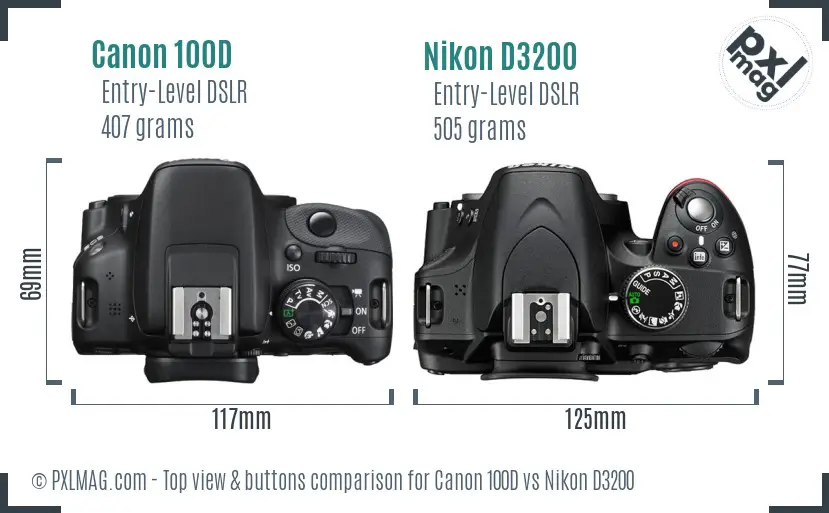 Canon 100D vs Nikon D3200 top view buttons comparison