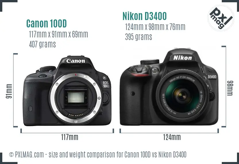 Canon 100D vs Nikon D3400 size comparison