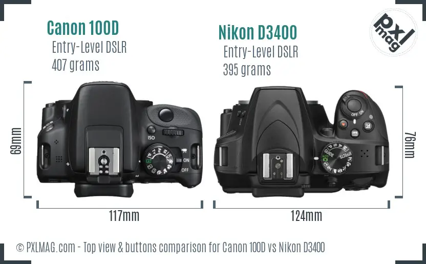 Canon 100D vs Nikon D3400 top view buttons comparison