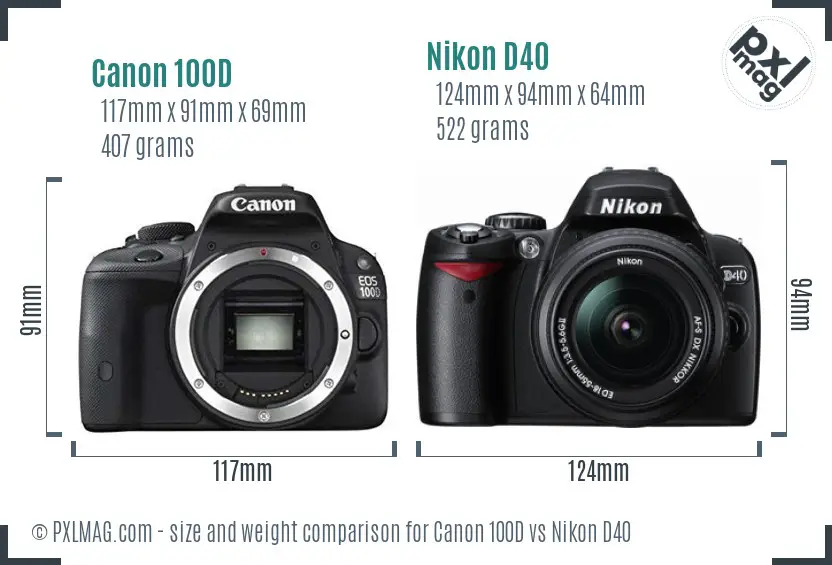 Canon 100D vs Nikon D40 size comparison