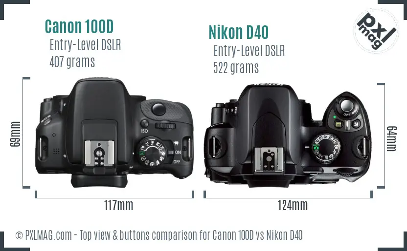 Canon 100D vs Nikon D40 top view buttons comparison