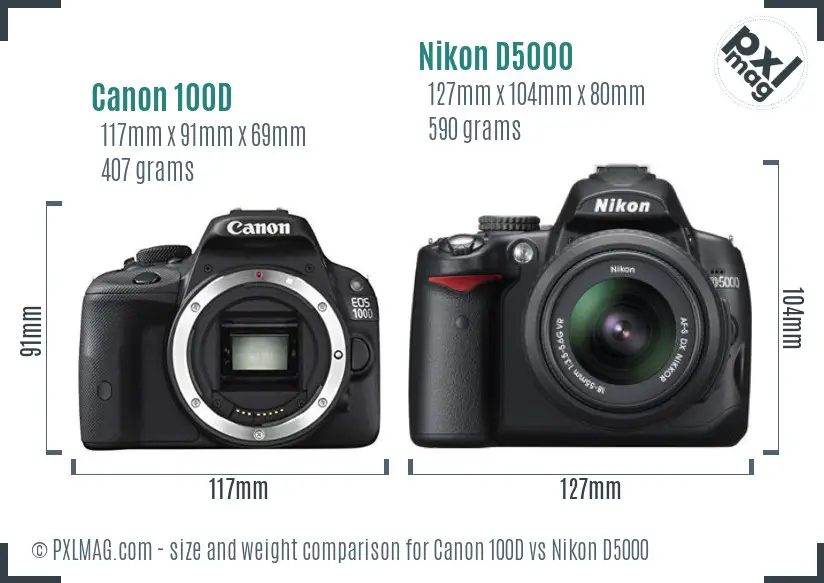 Canon 100D vs Nikon D5000 size comparison