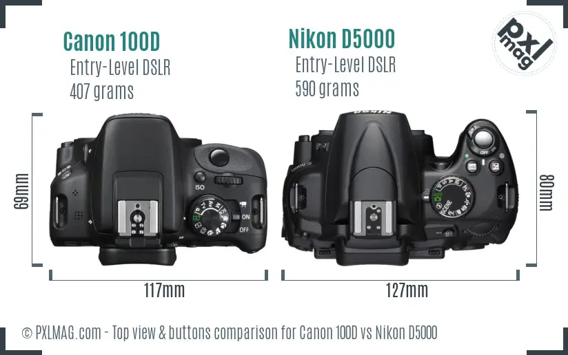 Canon 100D vs Nikon D5000 top view buttons comparison