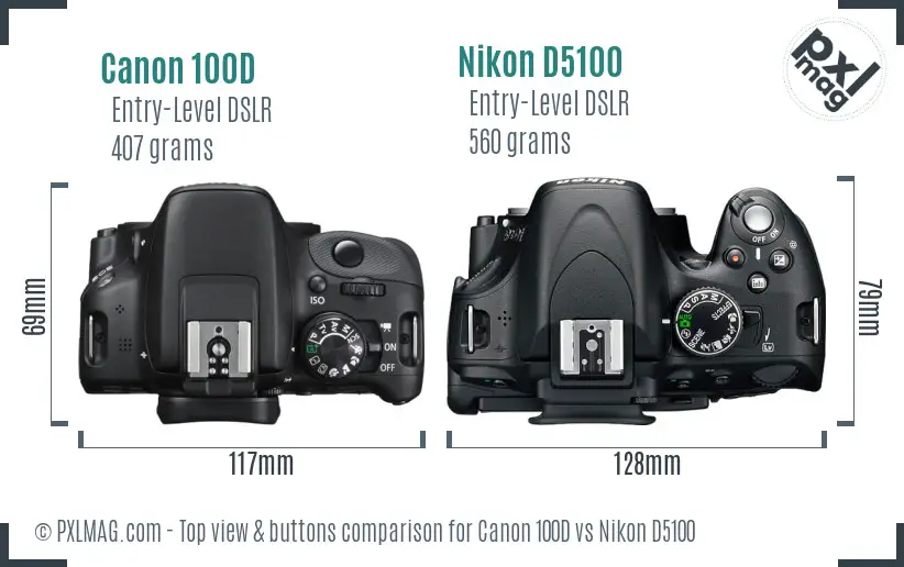 Canon 100D vs Nikon D5100 top view buttons comparison
