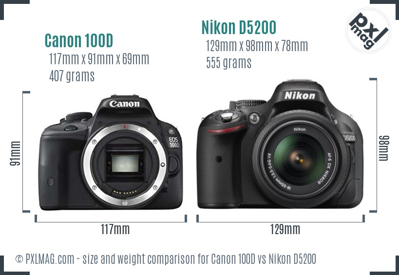 Canon 100D vs Nikon D5200 size comparison