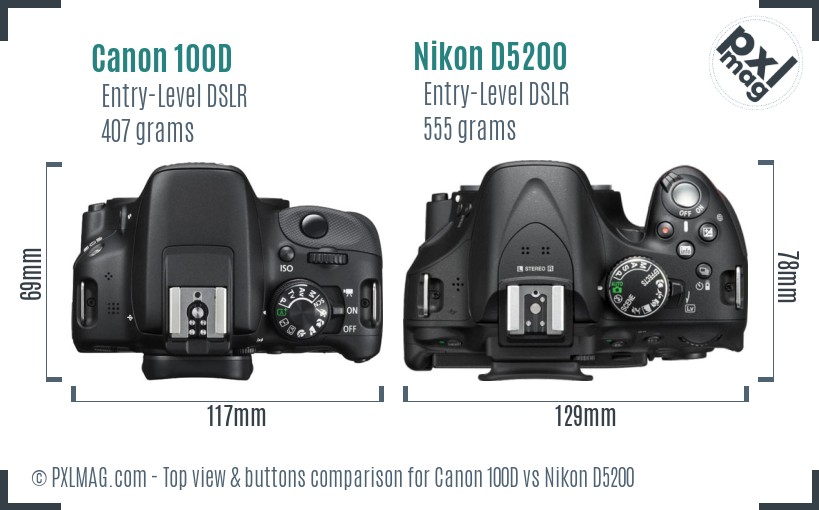 Canon 100D vs Nikon D5200 top view buttons comparison