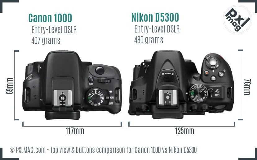 Canon 100D vs Nikon D5300 top view buttons comparison