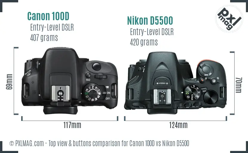 Canon 100D vs Nikon D5500 top view buttons comparison