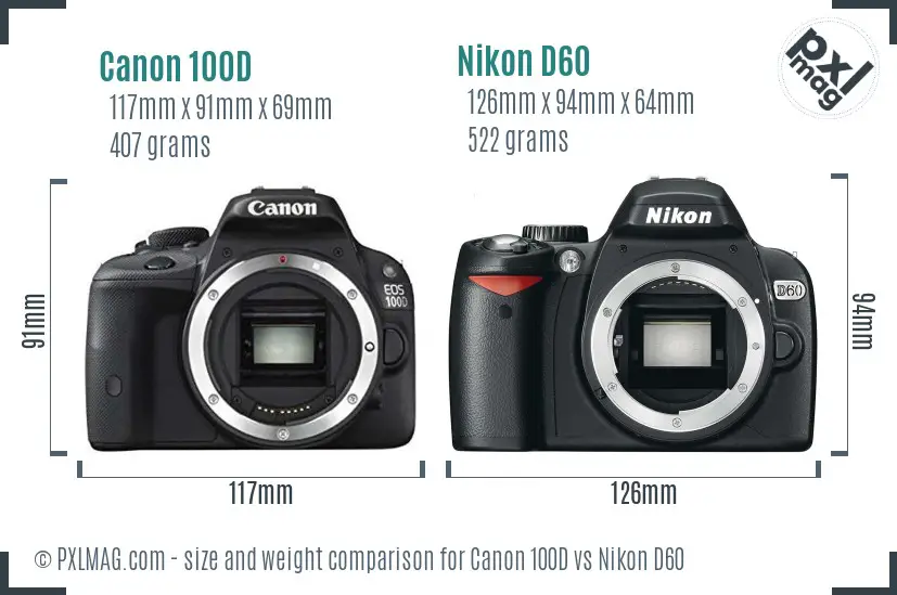 Canon 100D vs Nikon D60 size comparison