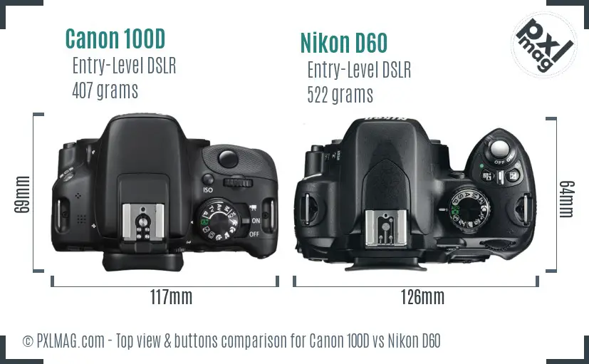Canon 100D vs Nikon D60 top view buttons comparison