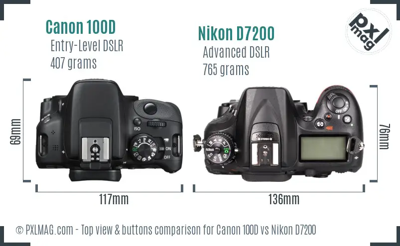 Canon 100D vs Nikon D7200 top view buttons comparison