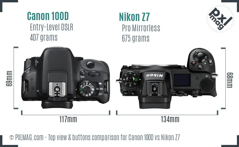 Canon 100D vs Nikon Z7 top view buttons comparison