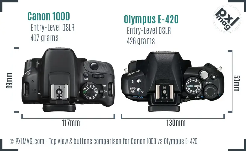 Canon 100D vs Olympus E-420 top view buttons comparison