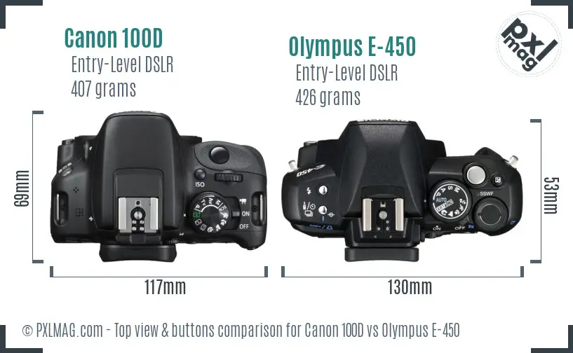 Canon 100D vs Olympus E-450 top view buttons comparison