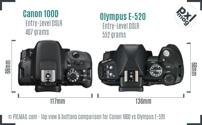 Canon 100D vs Olympus E-520 top view buttons comparison