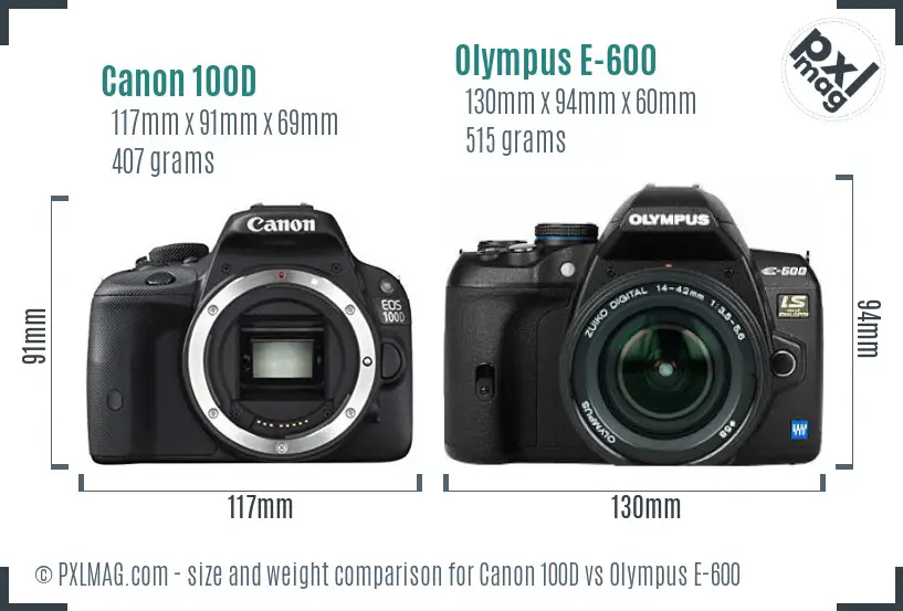 Canon 100D vs Olympus E-600 size comparison