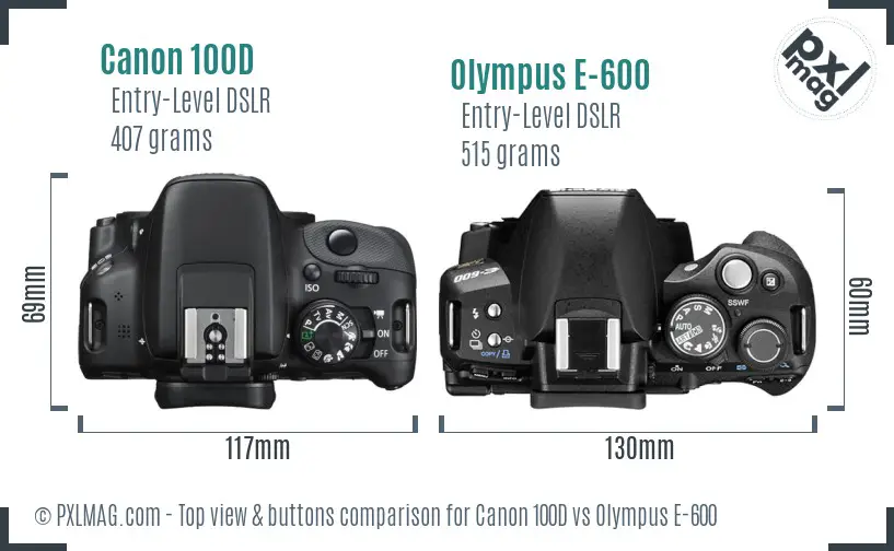 Canon 100D vs Olympus E-600 top view buttons comparison