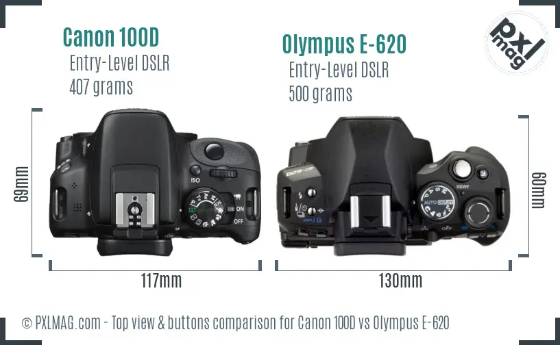 Canon 100D vs Olympus E-620 top view buttons comparison