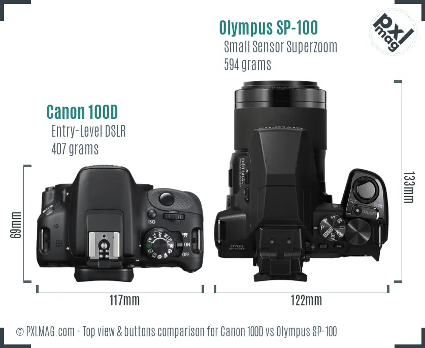 Canon 100D vs Olympus SP-100 top view buttons comparison Canon 100D vs Olympus SP-100 top view buttons comparison