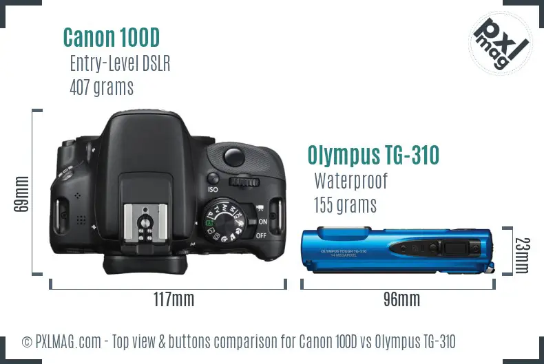 Canon 100D vs Olympus TG-310 top view buttons comparison