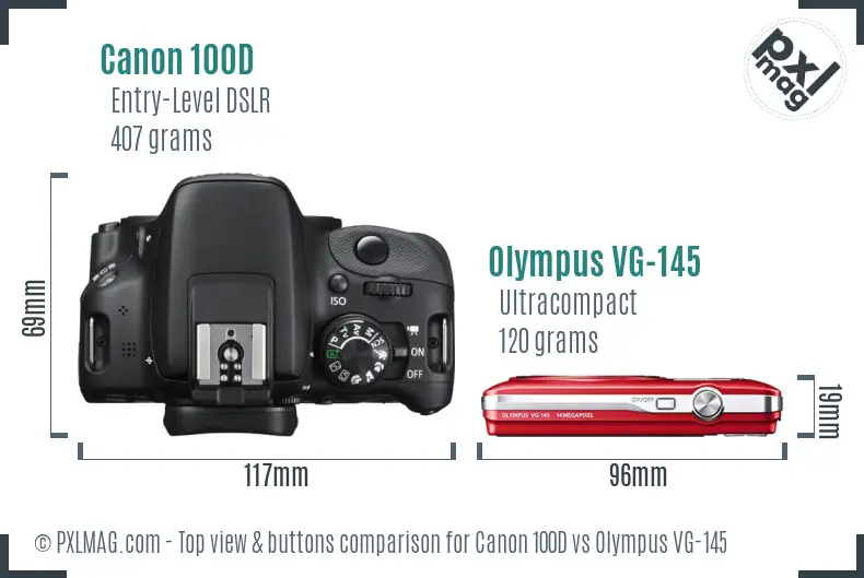 Canon 100D vs Olympus VG-145 top view buttons comparison