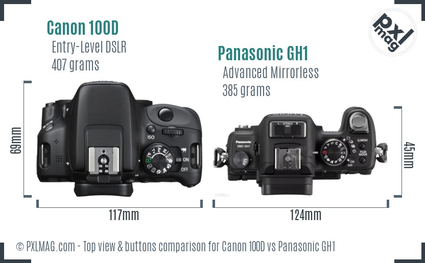 Canon 100D vs Panasonic GH1 top view buttons comparison