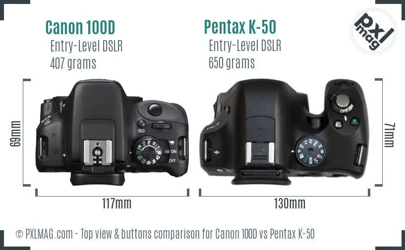 Canon 100D vs Pentax K-50 top view buttons comparison
