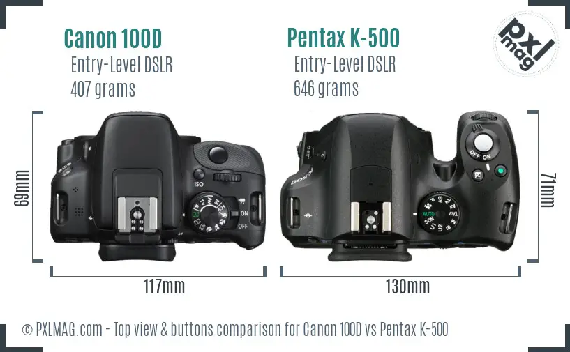 Canon 100D vs Pentax K-500 top view buttons comparison