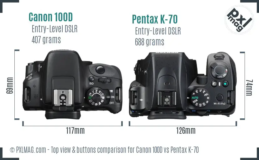 Canon 100D vs Pentax K-70 top view buttons comparison