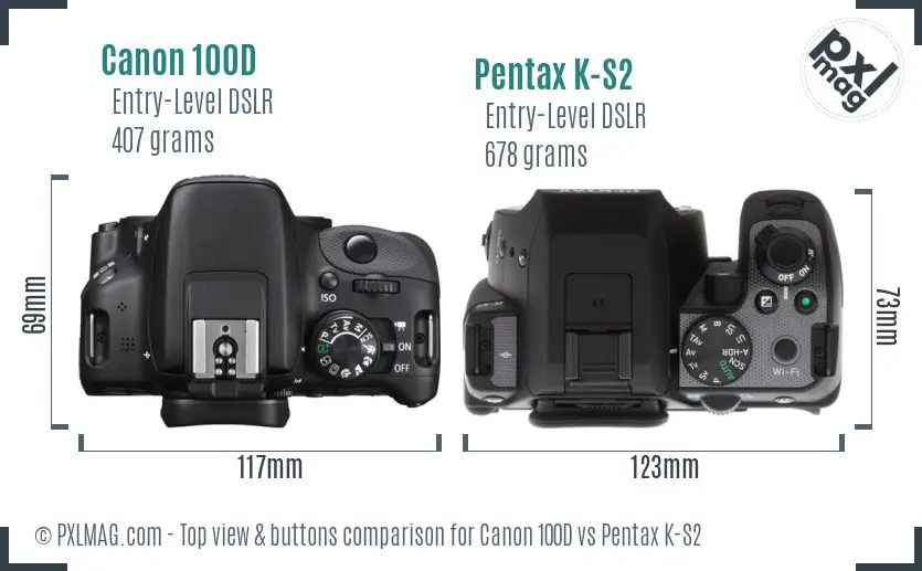 Canon 100D vs Pentax K-S2 top view buttons comparison