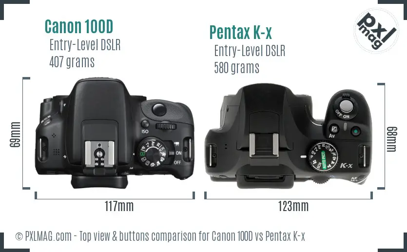 Canon 100D vs Pentax K-x top view buttons comparison