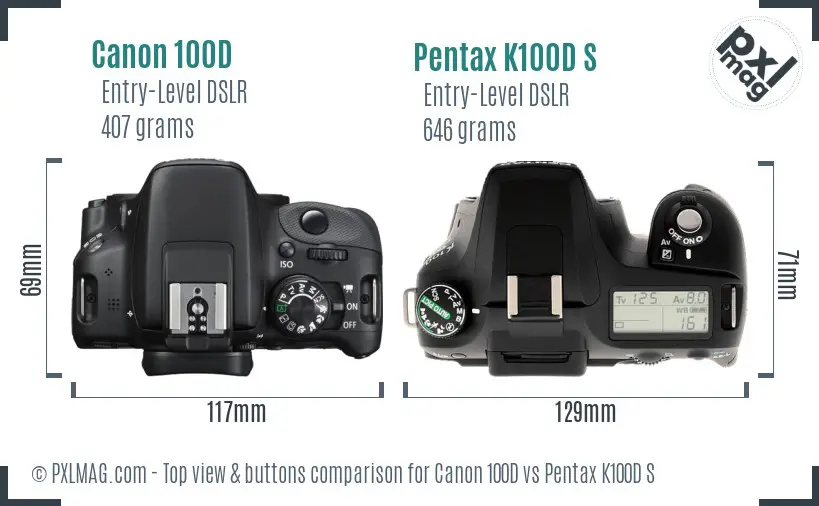 Canon 100D vs Pentax K100D S top view buttons comparison