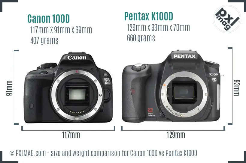 Canon 100D vs Pentax K100D size comparison