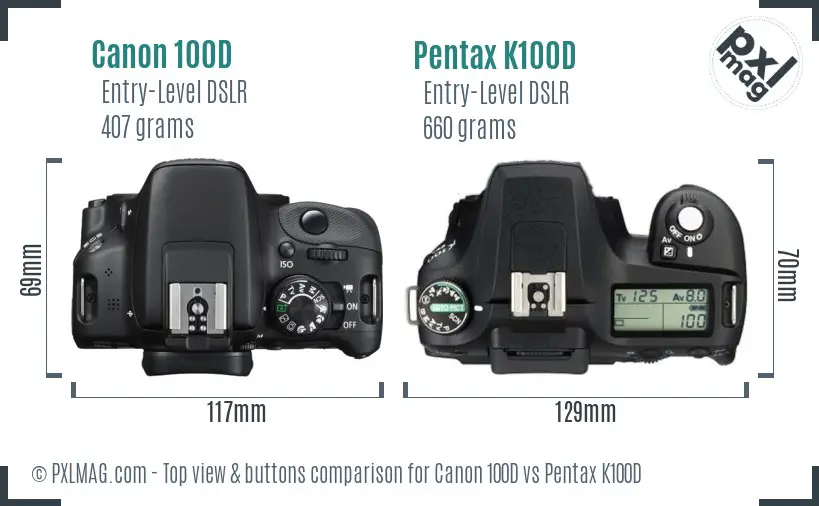 Canon 100D vs Pentax K100D top view buttons comparison