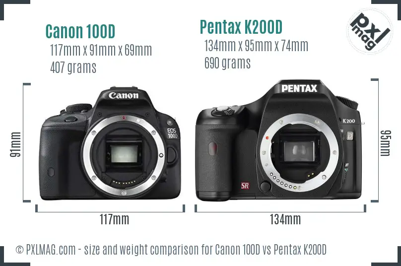 Canon 100D vs Pentax K200D size comparison