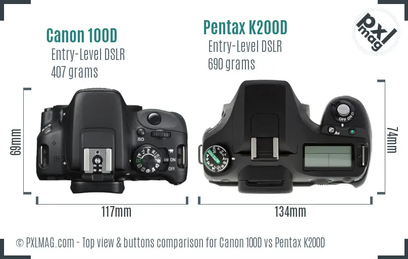 Canon 100D vs Pentax K200D top view buttons comparison