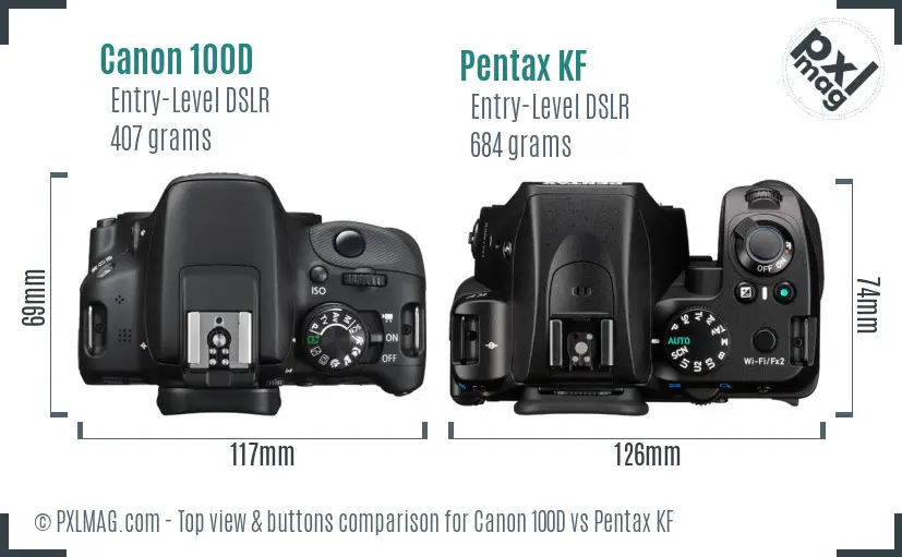 Canon 100D vs Pentax KF top view buttons comparison