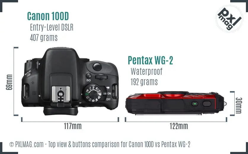 Canon 100D vs Pentax WG-2 top view buttons comparison