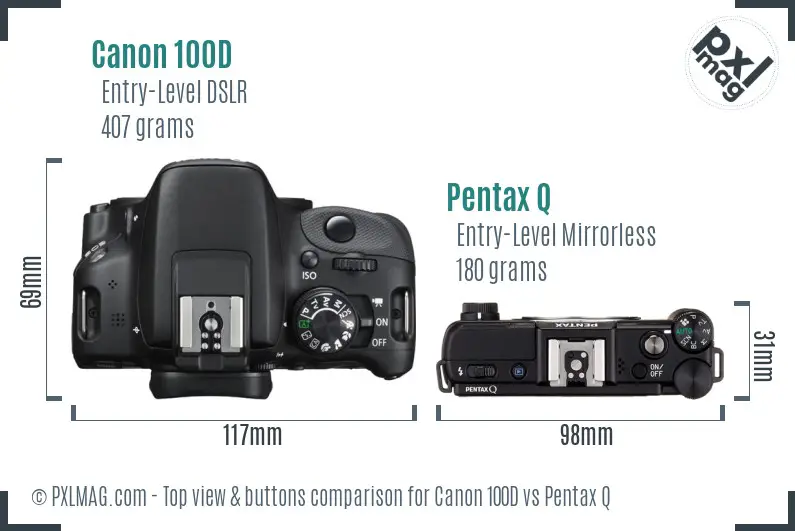 Canon 100D vs Pentax Q top view buttons comparison