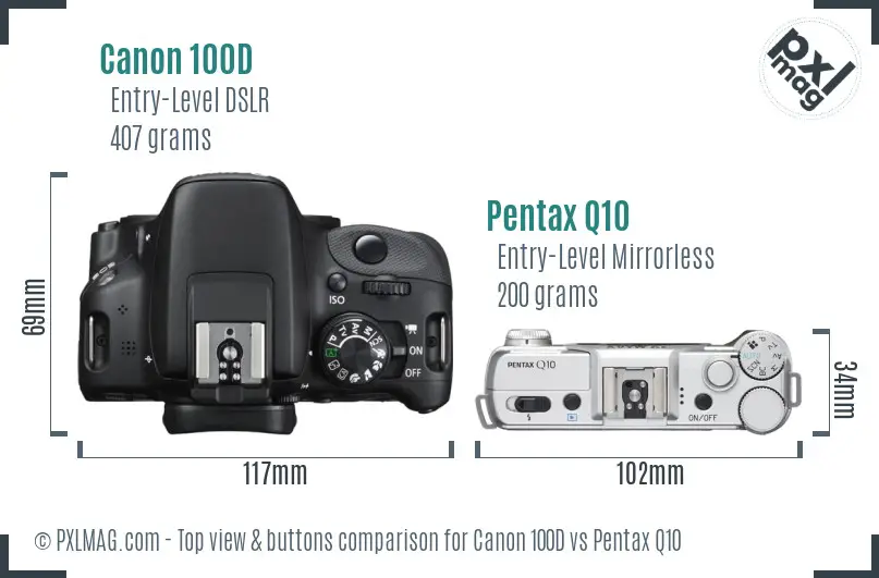 Canon 100D vs Pentax Q10 top view buttons comparison
