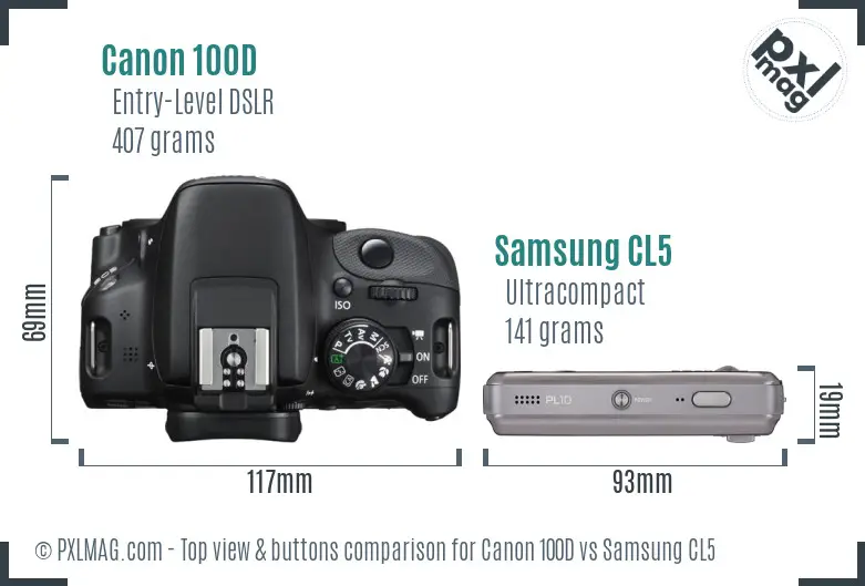 Canon 100D vs Samsung CL5 top view buttons comparison