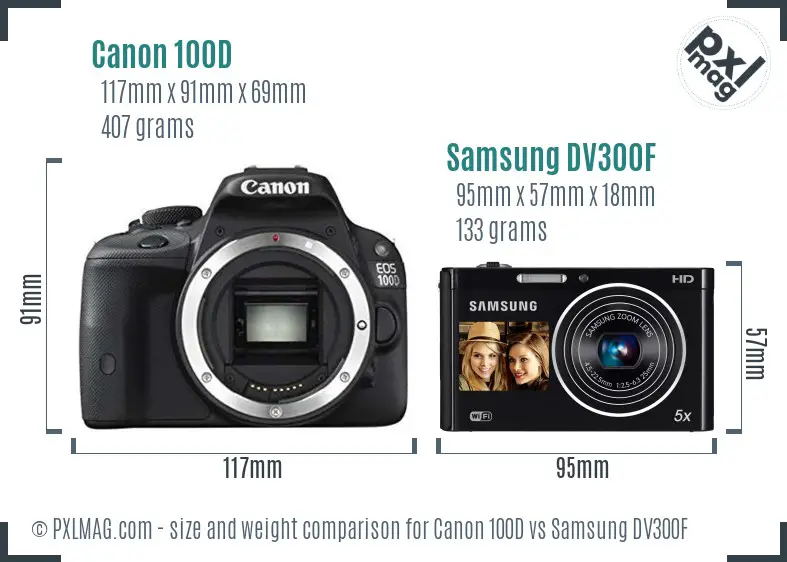 Canon 100D vs Samsung DV300F size comparison