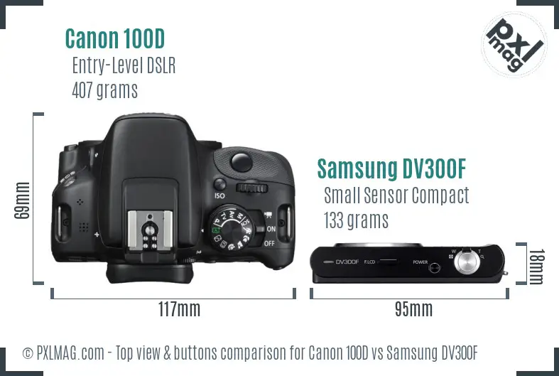 Canon 100D vs Samsung DV300F top view buttons comparison