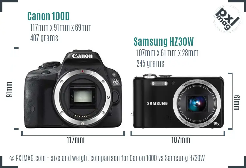 Canon 100D vs Samsung HZ30W size comparison