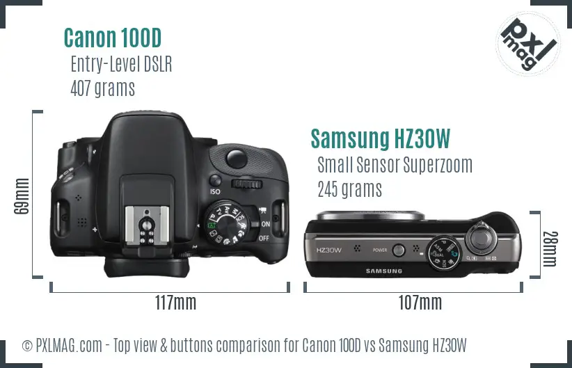Canon 100D vs Samsung HZ30W top view buttons comparison