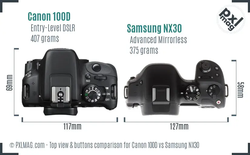 Canon 100D vs Samsung NX30 top view buttons comparison