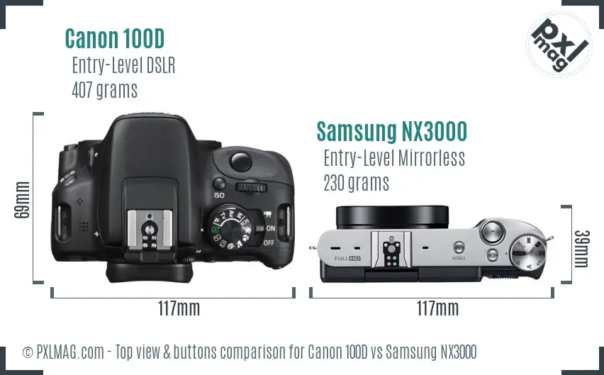 Canon 100D vs Samsung NX3000 top view buttons comparison Canon 100D vs Samsung NX3000 top view buttons comparison