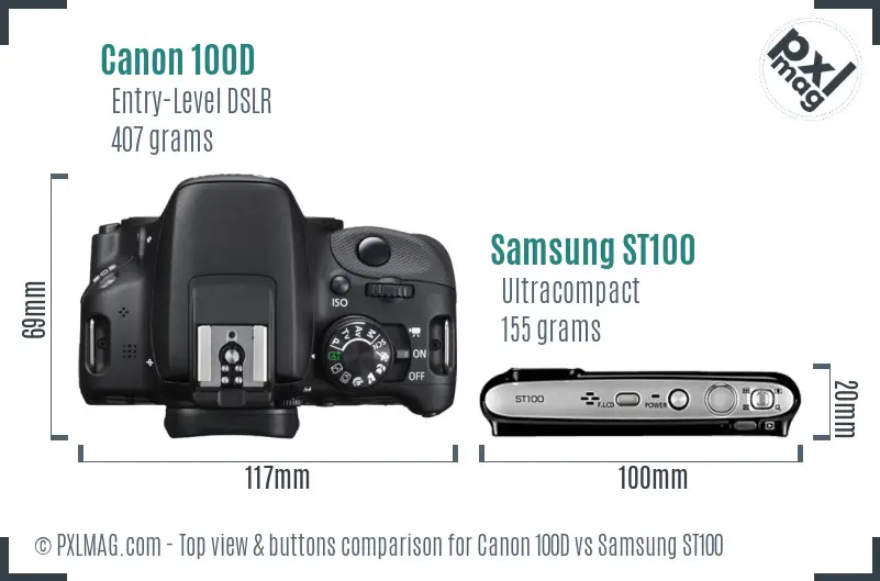 Canon 100D vs Samsung ST100 top view buttons comparison